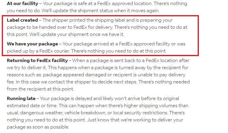 FedEx explaining the difference between a shipping label being created and the carrier physically receiving the package.