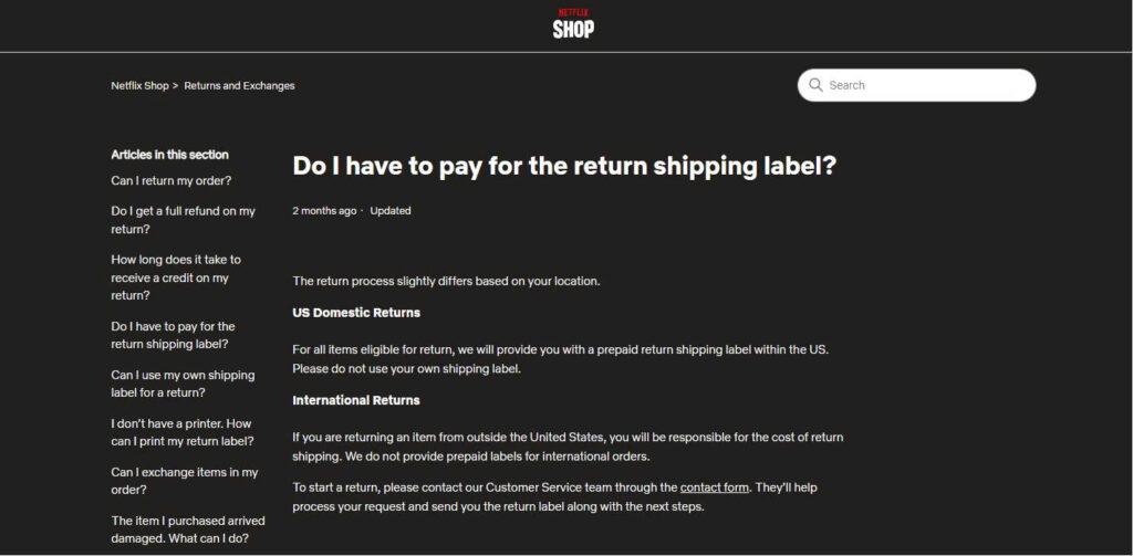 Return policy stating that international customers are responsible for return shipping costs.