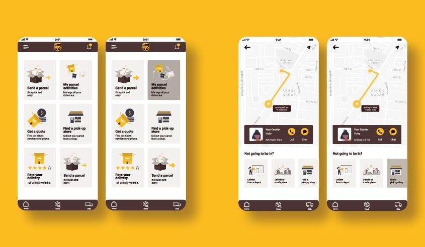 UPS mobile app showing parcel shipping options, delivery tracking maps, and courier contact features.