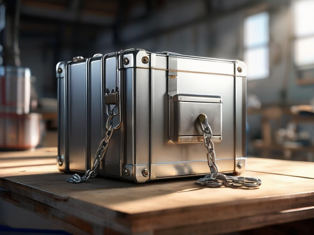 A sealed metal case with a short chain sits on a brushed surface, with small blocks indicating linked file locations in angled...