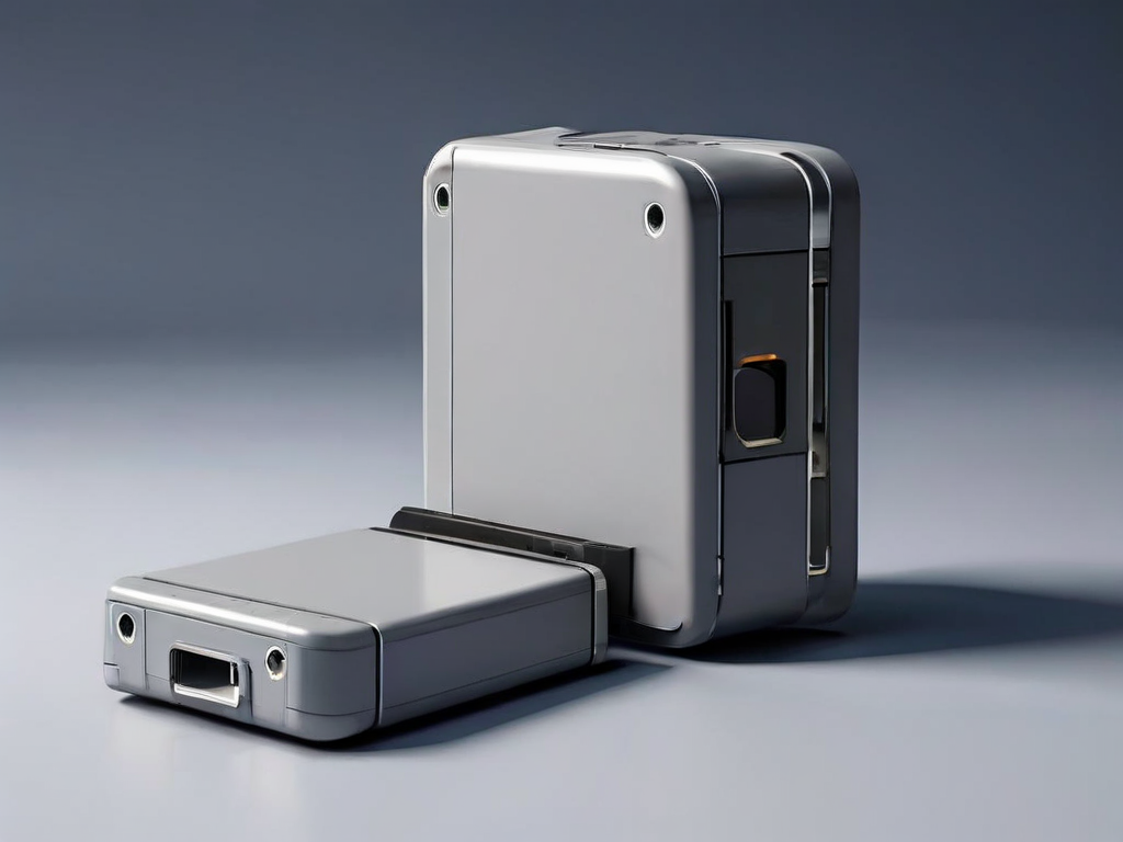 Portable storage drive next to stacked blank data blocks and a small capacity gauge on a matte gray studio surface.