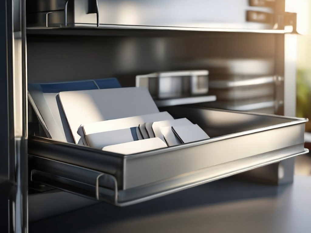 Brushed metal card tray with blank divider tabs on a sunlit surface, shallow depth of field.