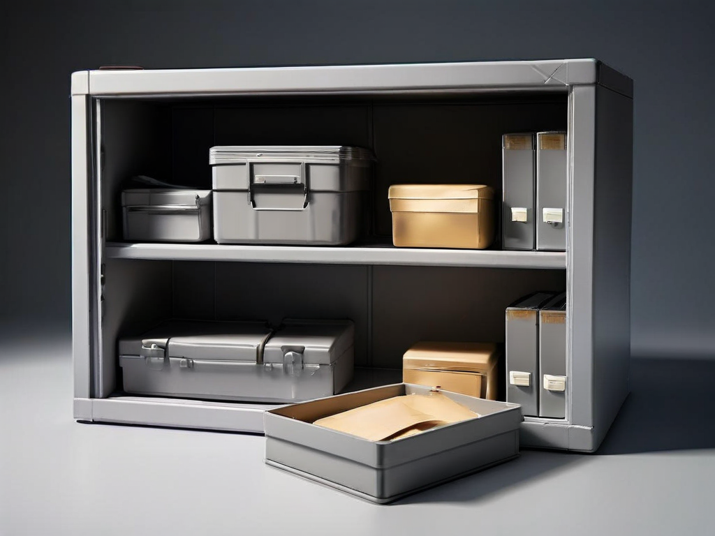 Archive boxes and memory cards in clean compartments on a gray studio surface with soft side light.