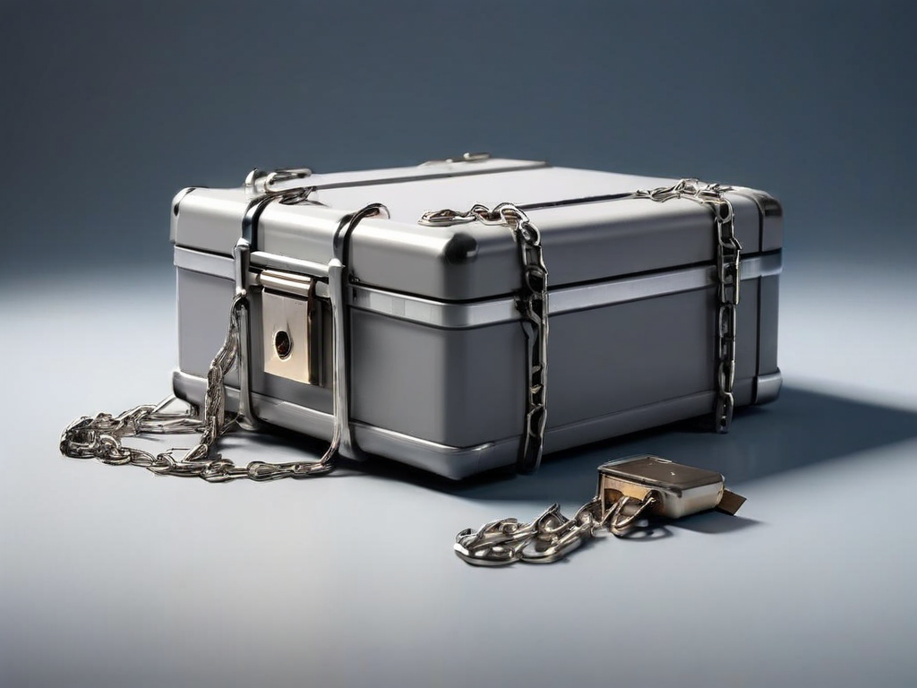 Storage case and chain beside small blocks showing linked file locations on a gray studio surface.
