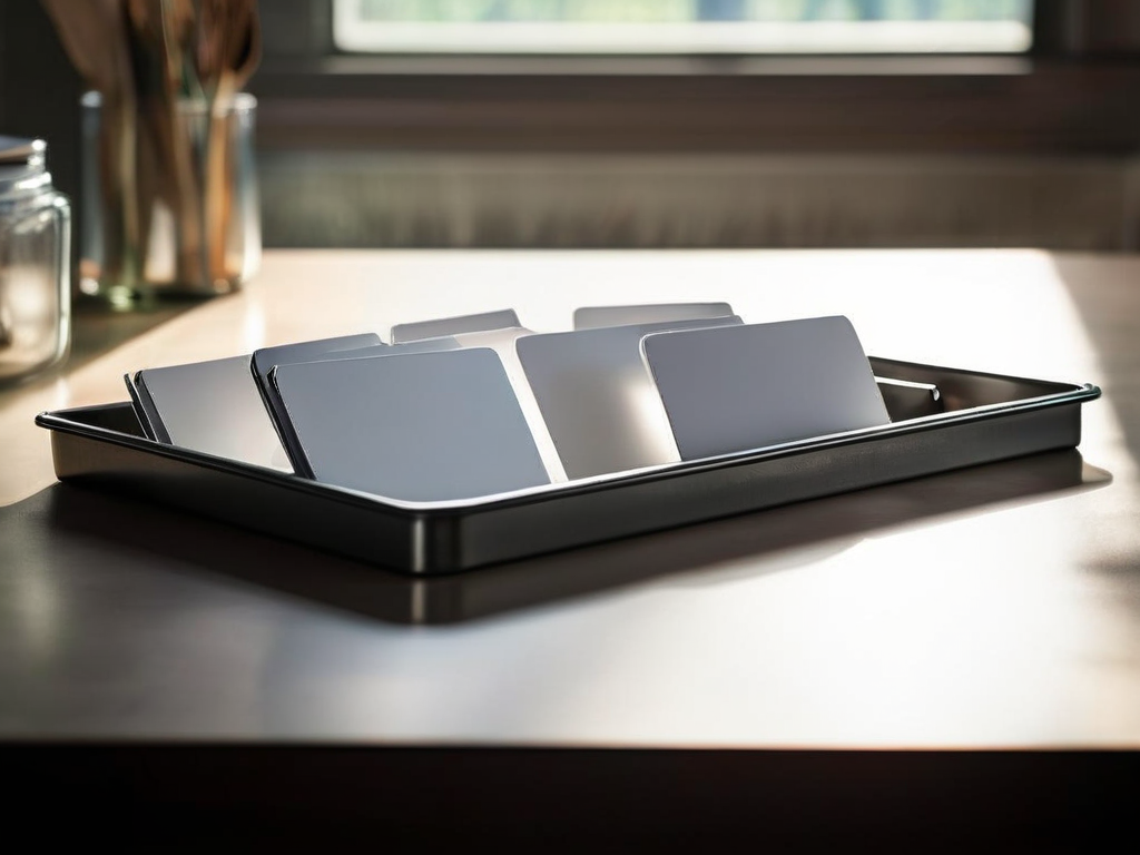 Blank divider cards in a compact storage tray on a brushed metal surface, morning light, shallow depth of field.