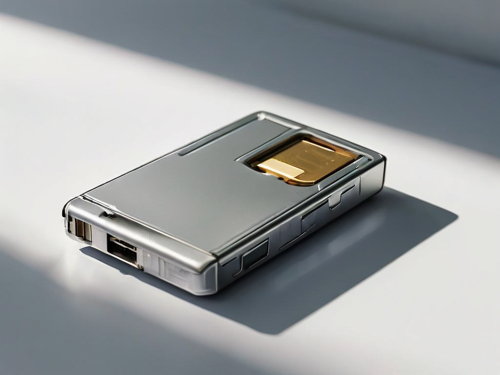 Blank memory card, sealed external drive, and empty photo sleeve on brushed metal surface in angled morning light, representing...