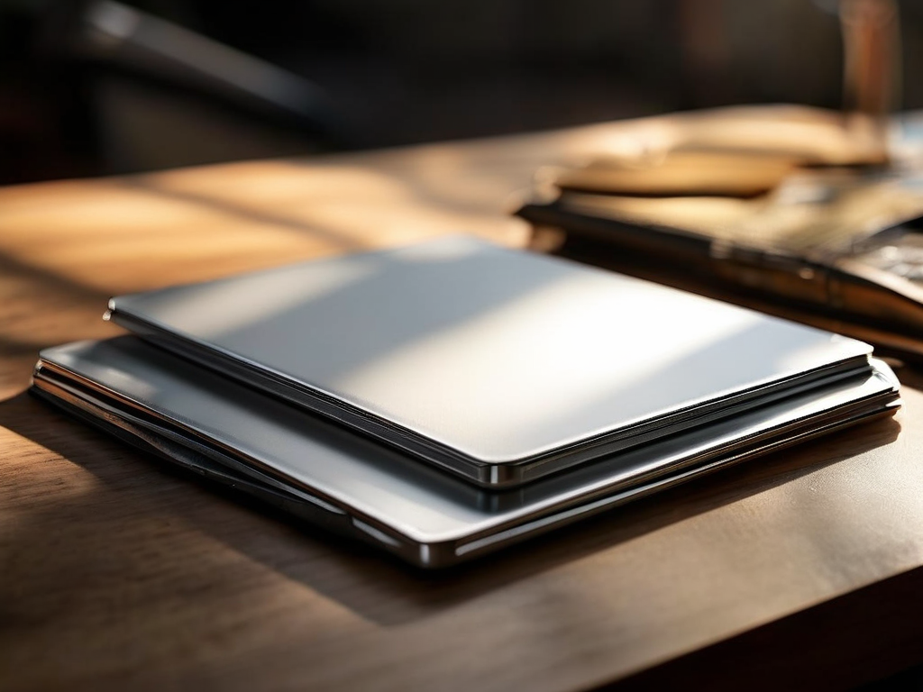 Blank divider cards in a compact storage tray on a brushed metal surface, with angled morning daylight and shallow depth of field.
