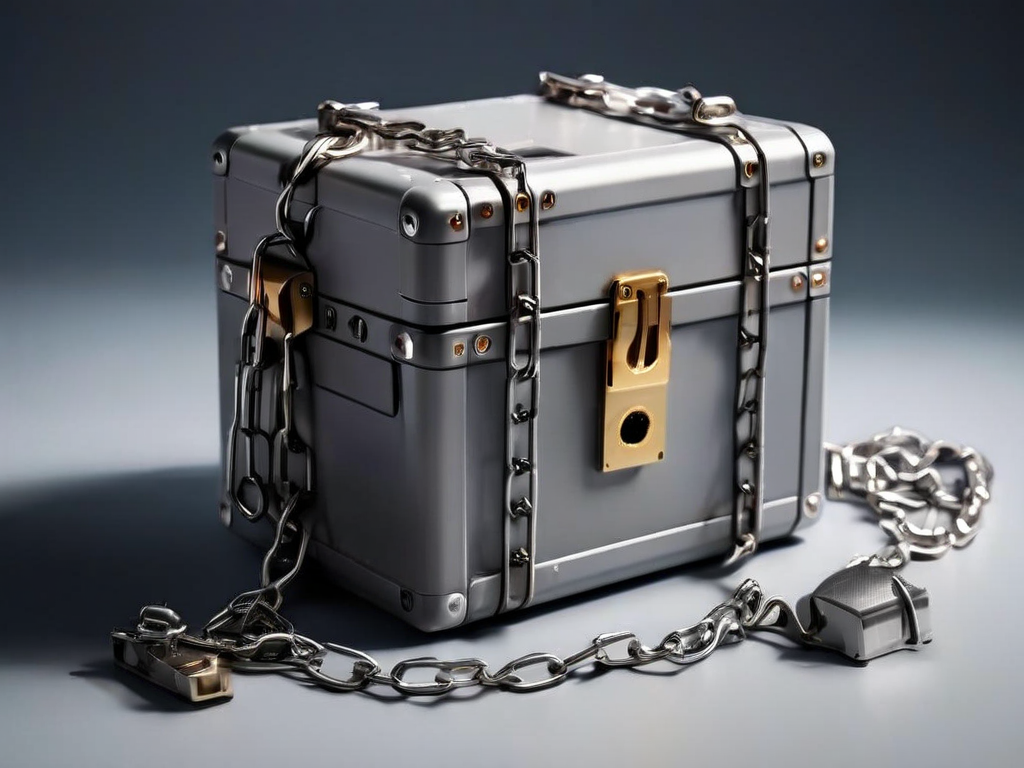 A sealed metal case with a short chain sits on a matte gray surface, surrounded by small unmarked blocks suggesting linked file...
