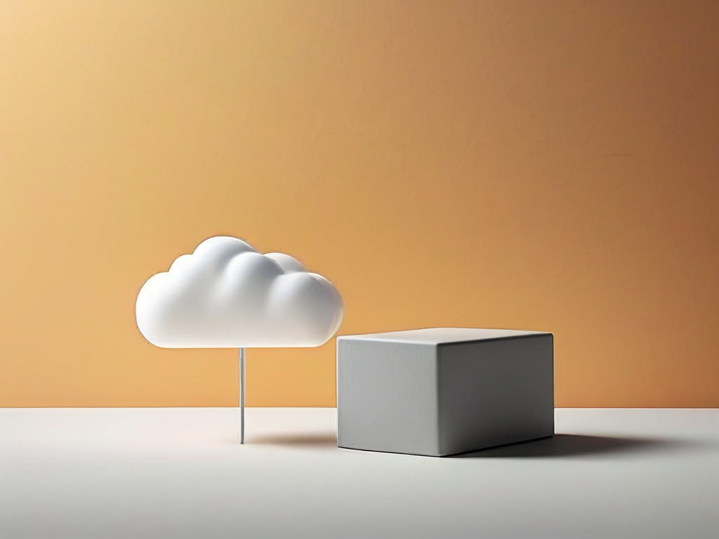 A small white cloud icon on a blank card beside a sealed gray storage block on a matte surface.