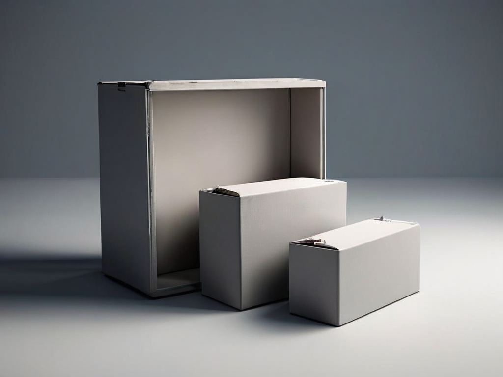 Small stacked archive boxes with empty compartment inserts on a gray surface, soft side light and clean shadow, metaphor for...